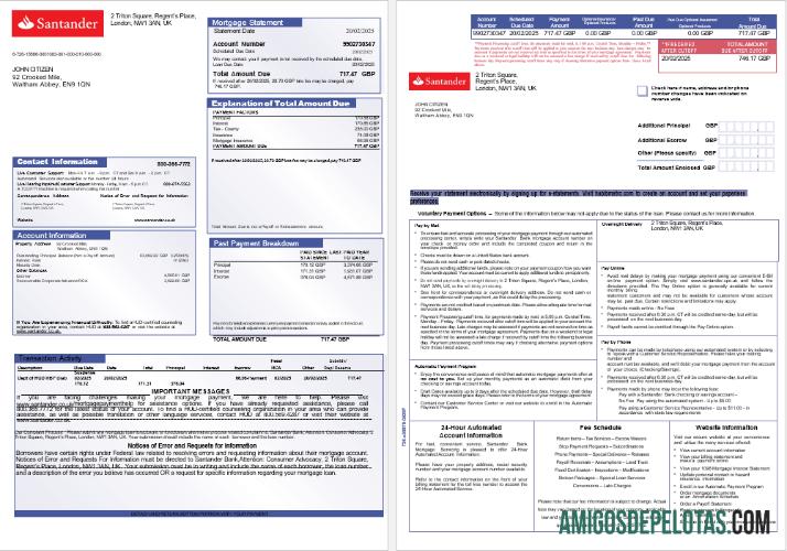 Extrato de hipoteca do Banco Santander do Reino Unido em formatos Word e PDF, 3 páginas 1 2 modelo